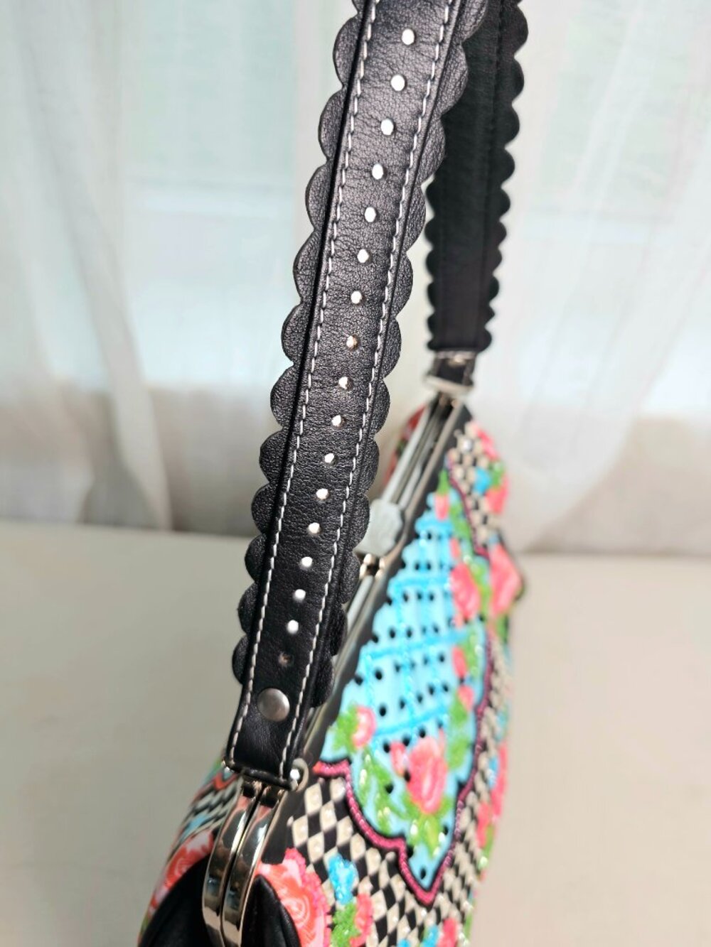 Isabella Fiore Beaded Frame Handbag Floral Patchwork Black Multi Vintage - Picture 12 of 13
